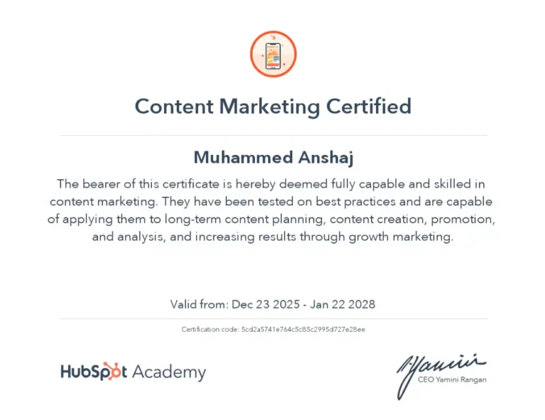 CONTENT MARKETING CERTIFICATE BY BEST DIGITAL MARKETER IN ABU DHABI