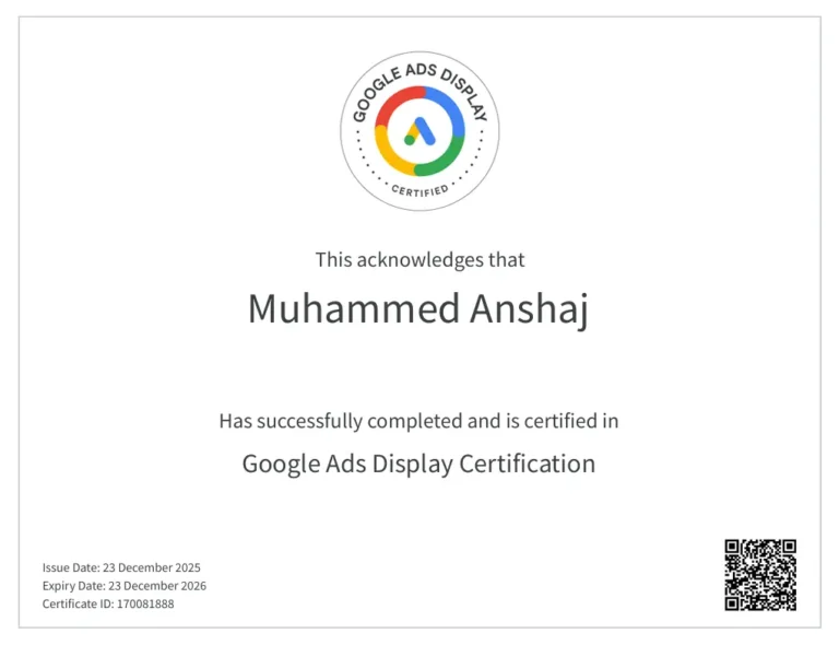 GOOGLE ADS DISPLAY CERTIFICATE BY BEST DIGITAL MARKETER IN ABU DHABI