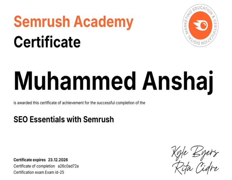 SEMRUSH ACADEMY CERTIFICATE BY BEST DIGITAL MARKETER IN ABU DHABI
